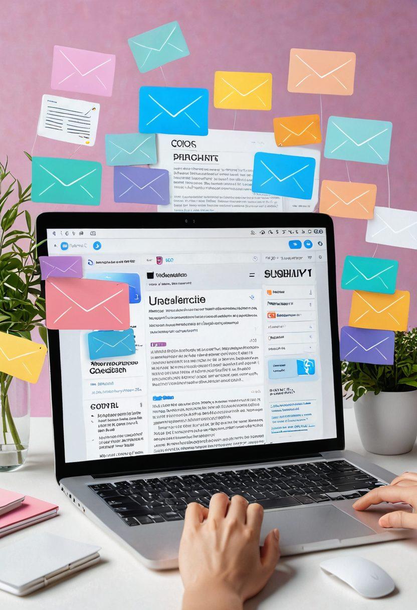 A cluttered digital workspace being transformed into a serene environment, with a laptop displaying an open email management interface, a hand clicking 'unsubscribe' on various newsletters scattered around. Bright banners representing 'Control' and 'Simplicity' floating in the background. Panoramic view with calming pastel colors. 3D. vibrant colors.
