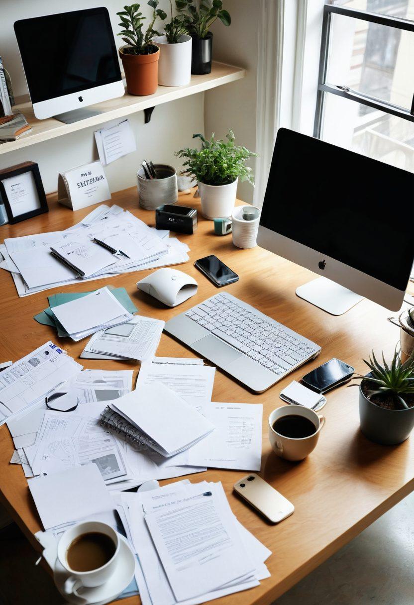 A captivating workspace scene featuring a digital device displaying a cluttered inbox filled with unread emails, next to a serene, organized desk with a cup of coffee and digital tools for unsubscription. Illustrate a before-and-after effect: one side chaotic and overwhelming, the other side clean and tranquil, symbolizing ease and control over digital clutter. Include vibrant colors to evoke a sense of clarity and focus. minimalistic, vibrant colors, 3D.